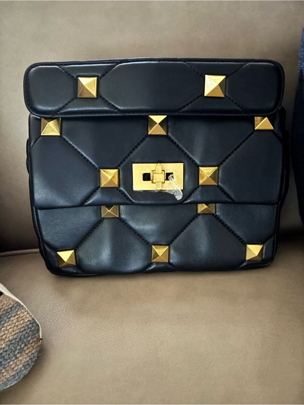 Black Quilted Leather Shoulder Bag with Gold Pyramid Studs